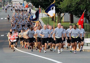 Soldiers demonstrating their military fitness by participating in a group run  U S  Army photo by Kiyoshi Tokeshi 