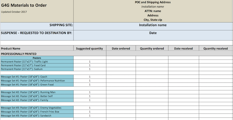 Example of Materials Tracking sheet