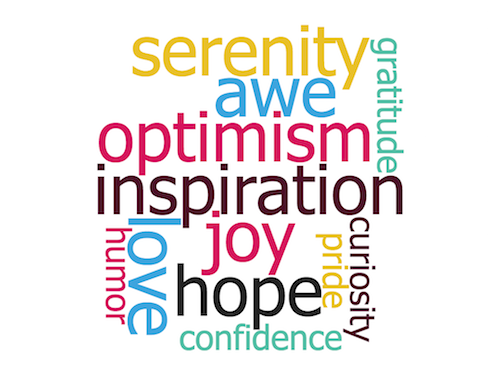 Word cloud: gratitude, joy, serenity, curiosity, pride, awe, hope, humor, inspiration, optimism, confidence, love.