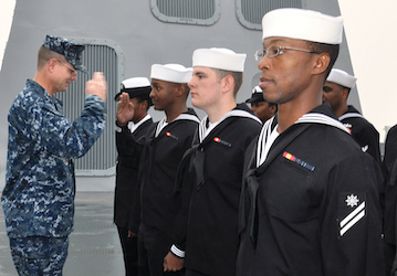 An officer conducting a uniform inspection leads the sailors with effective communication   U S  Navy photo by Mass Communica