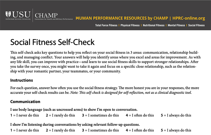 The top of the Social Fitness Self-Check first page