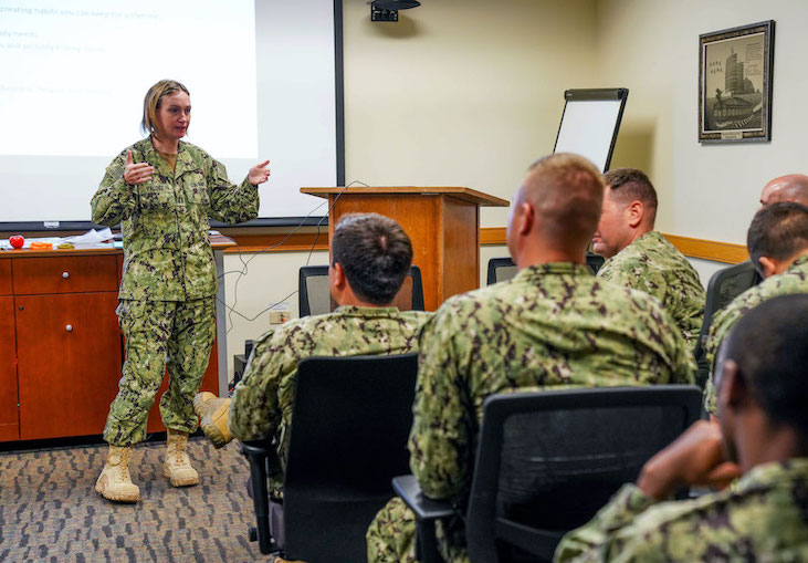 Lt  Alicia Valdez  the clinical dietician assigned to Naval Hospital Guam  presents a class on nutrition   U S  Navy photo by