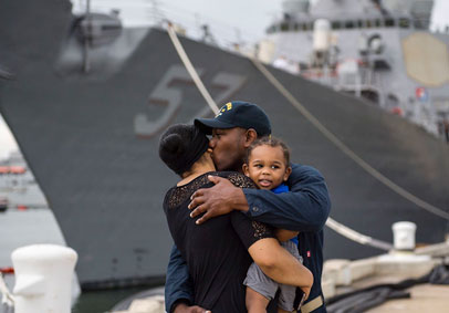 Sailor kisses family in front of Navy boat and uses Total Force Fitness strategies to maintain military wellness while deploy