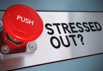 Red  PUSH  button next to words  STRESSED OUT   highlights the benefits of using stress to fuel positive development and ment
