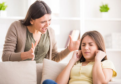 Teenage daughter with closed eyes and fingers in her ears while mom yells showing need for HPRC resources on parenting and fa