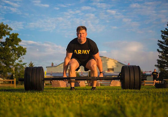 A Soldier completes the Army Combat Fitness Test to demonstrate military fitness. (U.S. Army photo by Sgt. Christopher Stevenson)