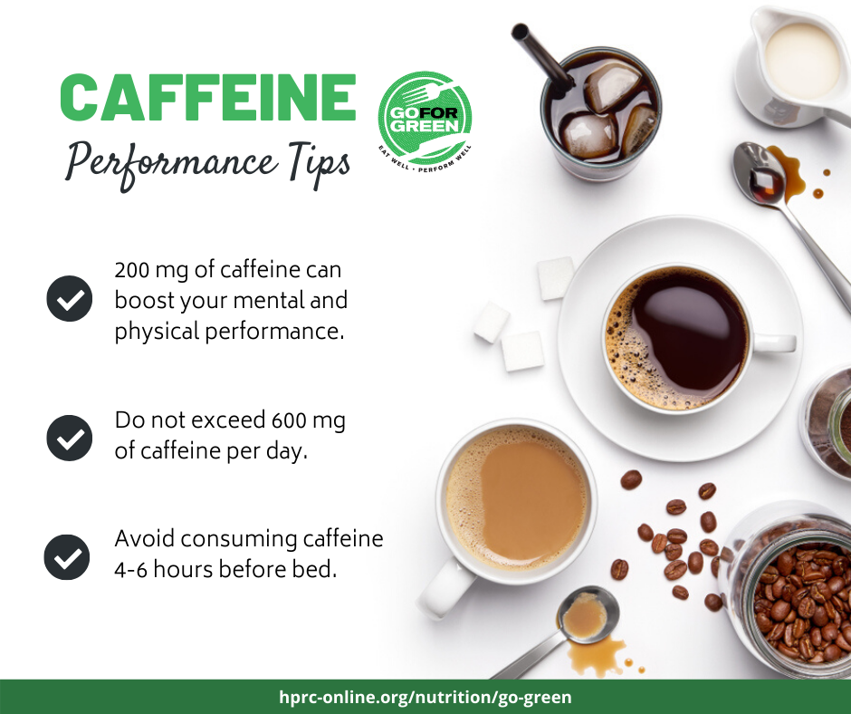 Caffeine Performance Tips. 200 mg of caffeine can boost your mental and physical performance. Do not exceed 600 mg of caffeine per day. Avoid consuming caffeine 4-6 hours before bed. Go for Green logo. hprc-online.org/nutrition/go-green