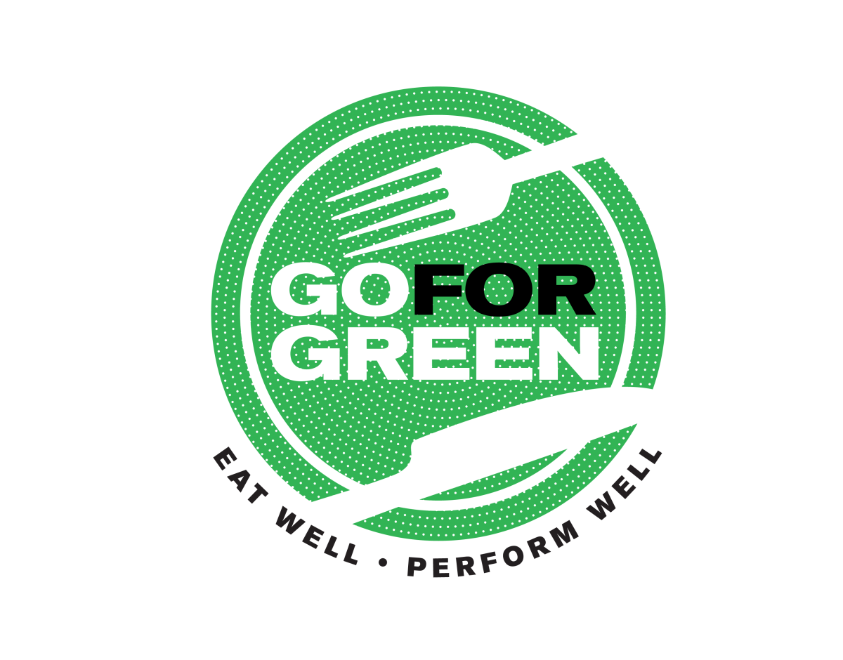 Go for Green logo: Eat well. Perform well. Plate with fork and knife.