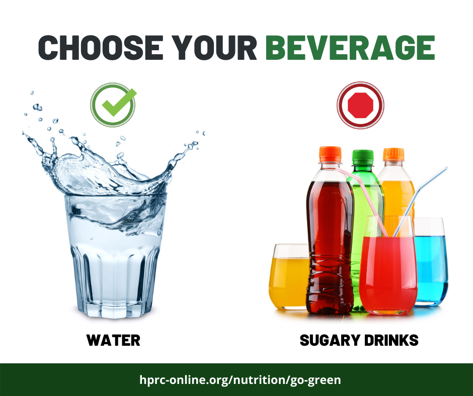 Choose your beverage. Green coded: Water. Red coded: Sodas and juices. hprc-online.org/nutrition/go-green