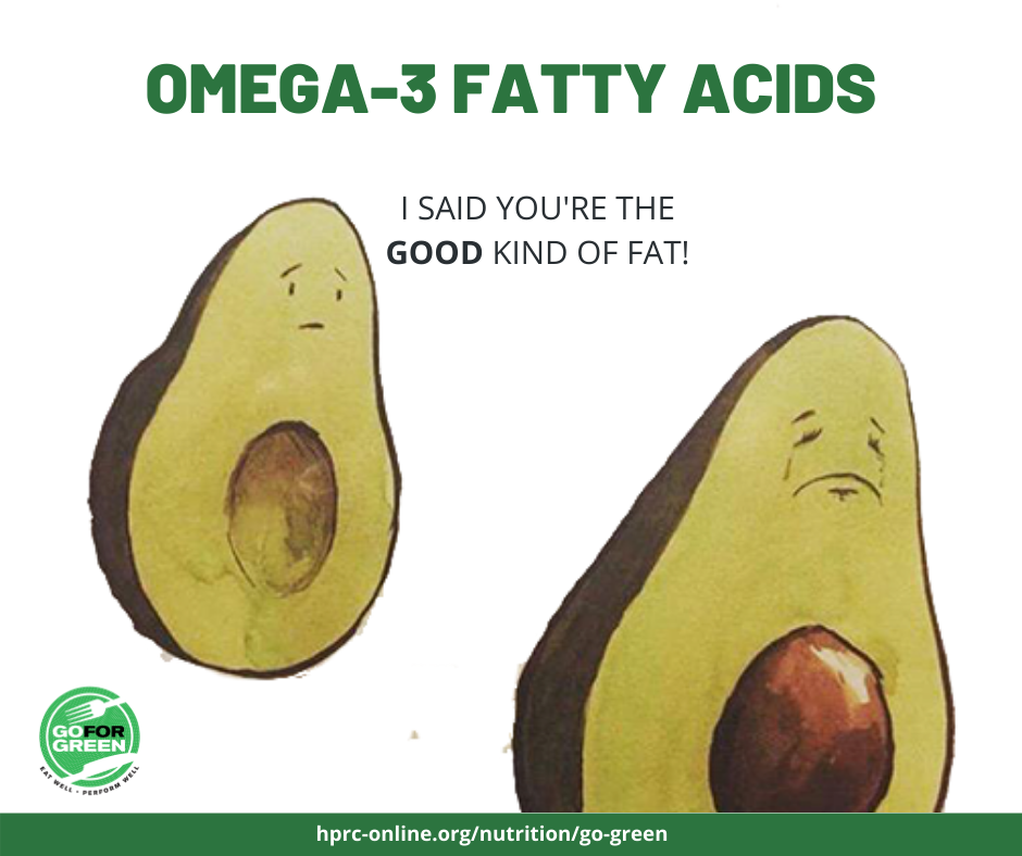 Omega-3 Fatty Acids. I said you're the good kind of fat! Go for Green logo. hprc-online.org/nutrition/go-green