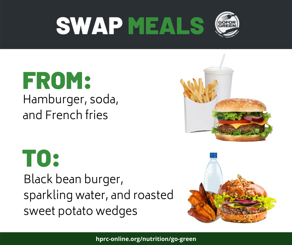 Swap meals. Go for Green logo. From: Hamburger, soda, and French fries. To: Black bean burger, sparkling water, and roasted sweet potato wedges. hprc-online.org/nutrition/go-green