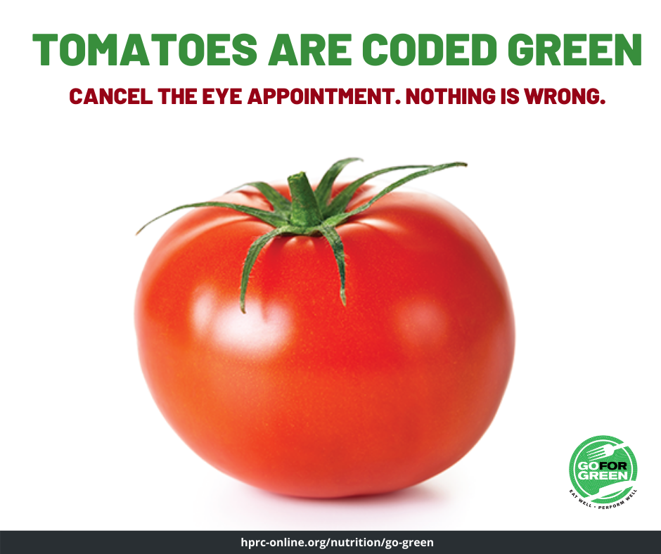 Tomatoes are coded green. Cancel the eye appointment. Nothing is wrong. Go for green logo. hprc-online.org/nutrition/go-green