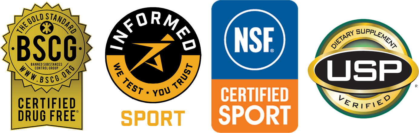 Banned Substances Control Group logo, Informed Sport logo, NSF Certified Sport logo, USP logo