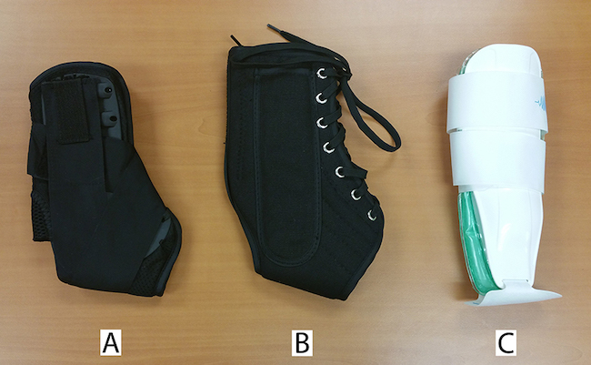 Velcro strap stirrup ankle brace (A), lace-up stirrup ankle brace (B), and pneumatic stirrup ankle brace (C)