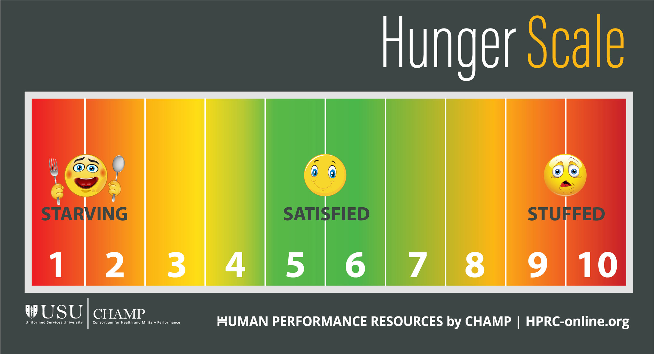 HPRC’s Hunger Scale tracks hunger and fullness on a scale from 1 to 10. A rating of 1 or 2 means you feel like you’re starving. A rating of 5 or 6 means you feel satisfied. A rating of 9 or 10 means you feel stuffed.