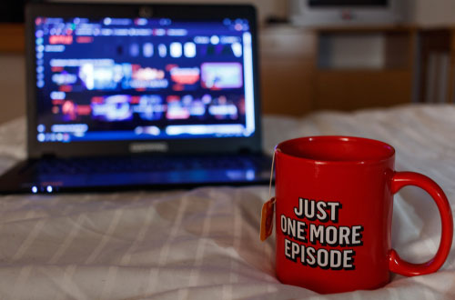 Tea mug with words "Just One More Episode"