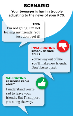 Scenario: Your teenager is having trouble adjusting to the news of your PCS. Teen: “I’m not going. I’m not leaving my friends! You just don’t get it!” Invalidating response from adult: “You’re way out of line. You’ll make new friends. Don’t be so upset.” Validating response from adult: “I understand you’re sad to leave your friends. But I’ll support you along the way.”