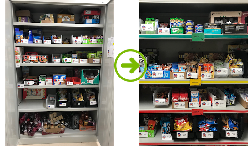 Snack center before and after being stocked with healthy options