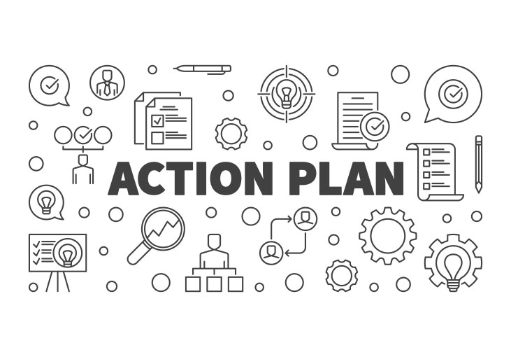 Texts that reads "Action Plan" in bold. Behind the words there are mini icons that are all science related. 