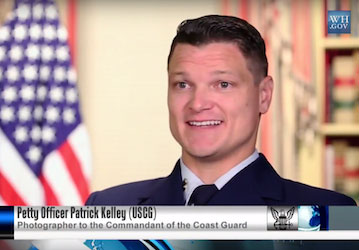 Still from video showing Petty Officer Patrick Kelley  USCG   Photographer to the Commandant of the Coast Guard  talking abou