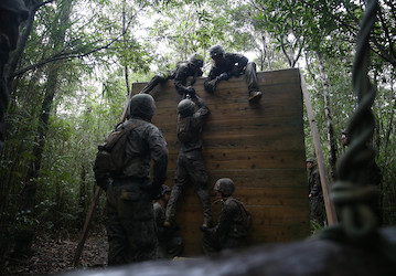 Military Service members overcoming an obstacle