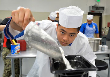 Culinary specialist measures flour  U S  Navy photo by Mass Communications Specialist 2nd Class Anthony N  Hilkowski